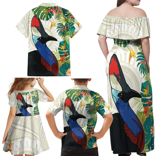 Cassowary Australia Family Matching Off Shoulder Maxi Dress and Hawaiian Shirt Tropical Flowers Mix Aboriginal Art