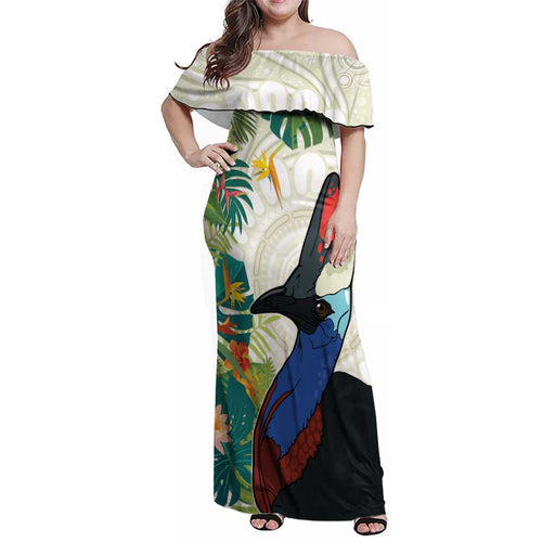 Cassowary Australia Family Matching Off Shoulder Maxi Dress and Hawaiian Shirt Tropical Flowers Mix Aboriginal Art