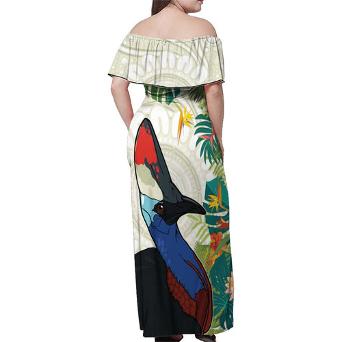 Cassowary Australia Family Matching Off Shoulder Maxi Dress and Hawaiian Shirt Tropical Flowers Mix Aboriginal Art