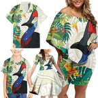 Cassowary Australia Family Matching Off Shoulder Short Dress and Hawaiian Shirt Tropical Flowers Mix Aboriginal Art