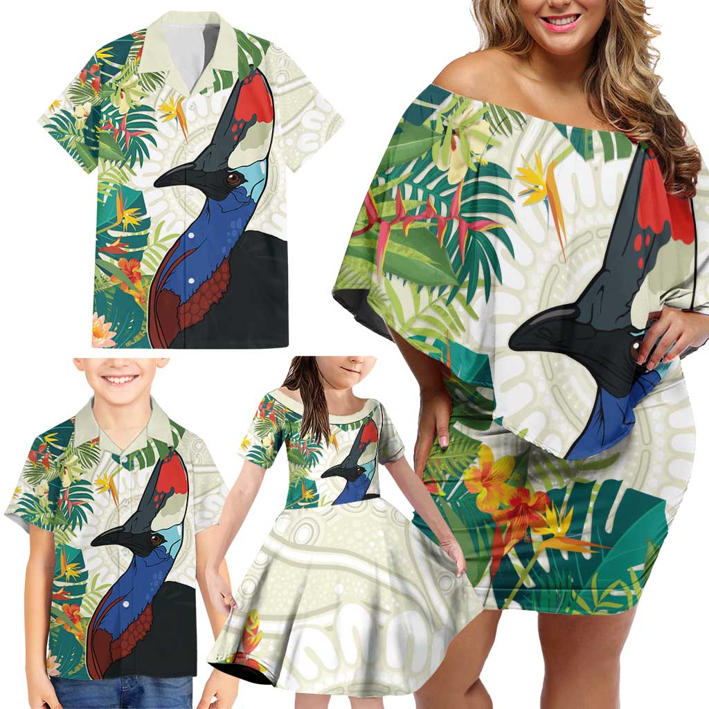 Cassowary Australia Family Matching Off Shoulder Short Dress and Hawaiian Shirt Tropical Flowers Mix Aboriginal Art
