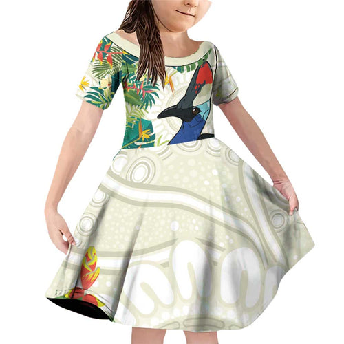 Cassowary Australia Family Matching Off Shoulder Short Dress and Hawaiian Shirt Tropical Flowers Mix Aboriginal Art