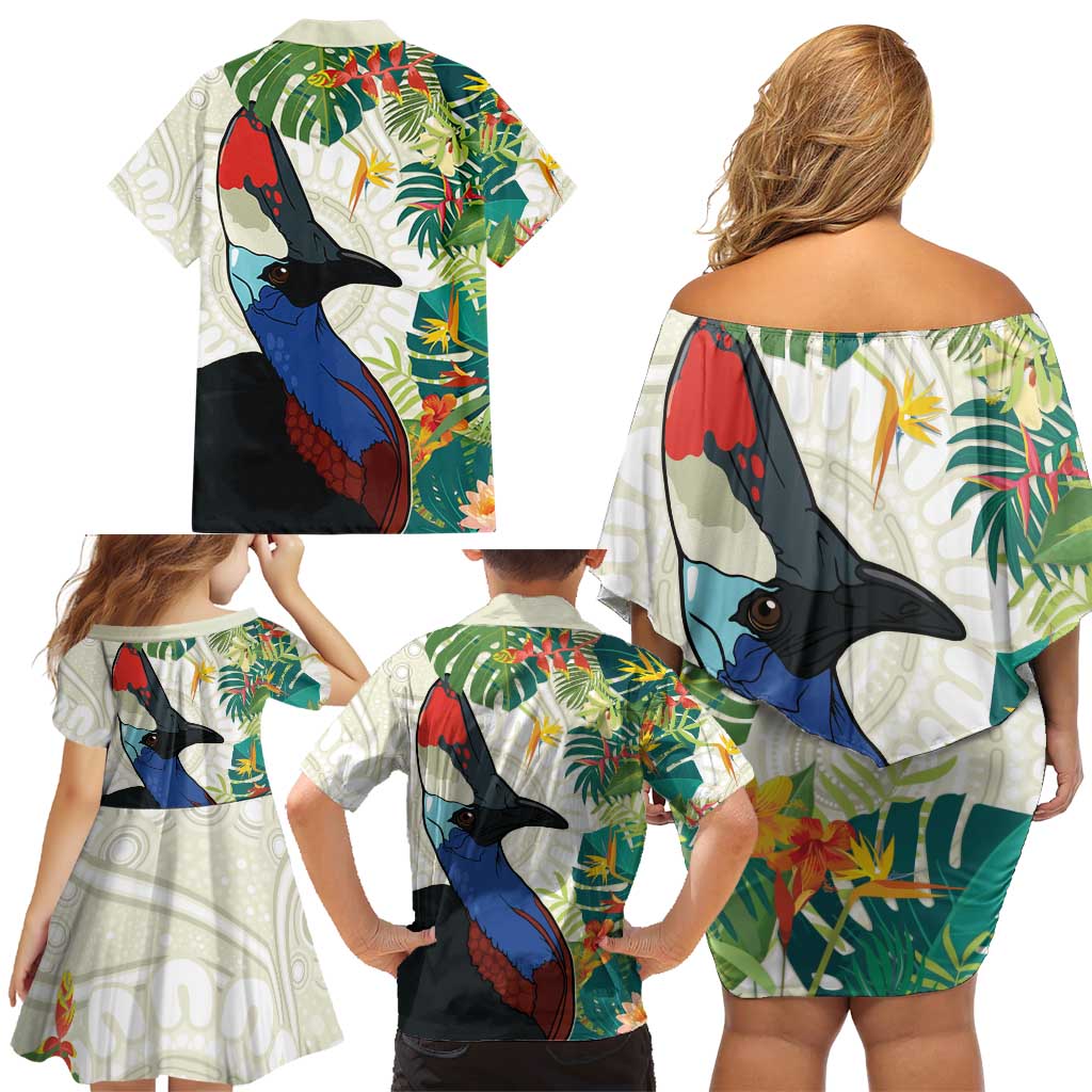 Cassowary Australia Family Matching Off Shoulder Short Dress and Hawaiian Shirt Tropical Flowers Mix Aboriginal Art