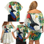 Cassowary Australia Family Matching Off Shoulder Short Dress and Hawaiian Shirt Tropical Flowers Mix Aboriginal Art