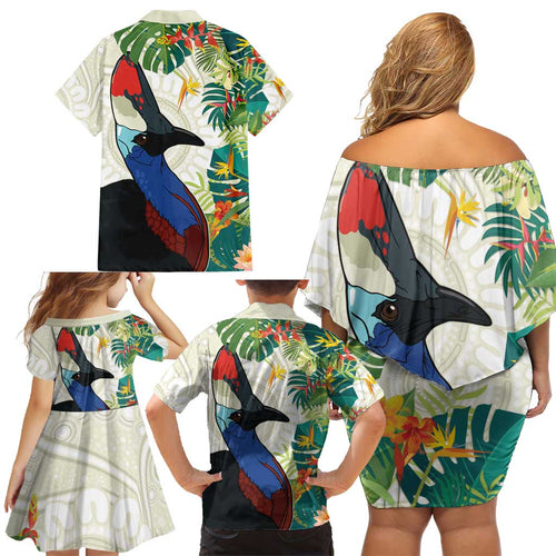 Cassowary Australia Family Matching Off Shoulder Short Dress and Hawaiian Shirt Tropical Flowers Mix Aboriginal Art