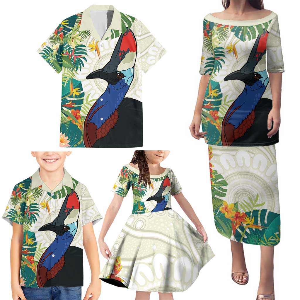 Cassowary Australia Family Matching Puletasi and Hawaiian Shirt Tropical Flowers Mix Aboriginal Art