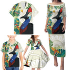 Cassowary Australia Family Matching Puletasi and Hawaiian Shirt Tropical Flowers Mix Aboriginal Art