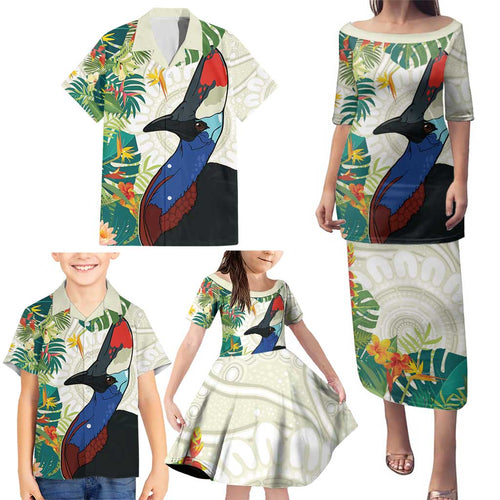 Cassowary Australia Family Matching Puletasi and Hawaiian Shirt Tropical Flowers Mix Aboriginal Art