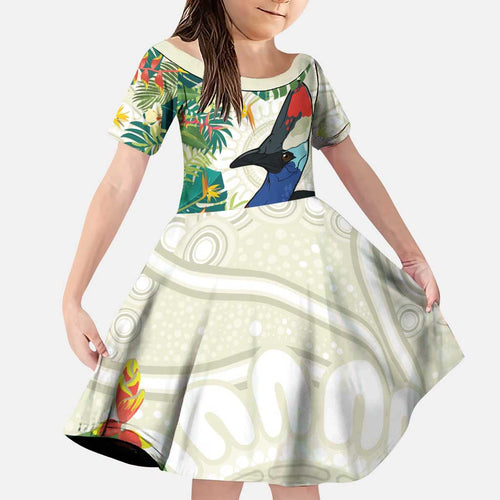 Cassowary Australia Family Matching Puletasi and Hawaiian Shirt Tropical Flowers Mix Aboriginal Art