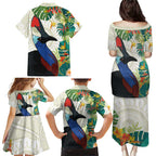 Cassowary Australia Family Matching Puletasi and Hawaiian Shirt Tropical Flowers Mix Aboriginal Art