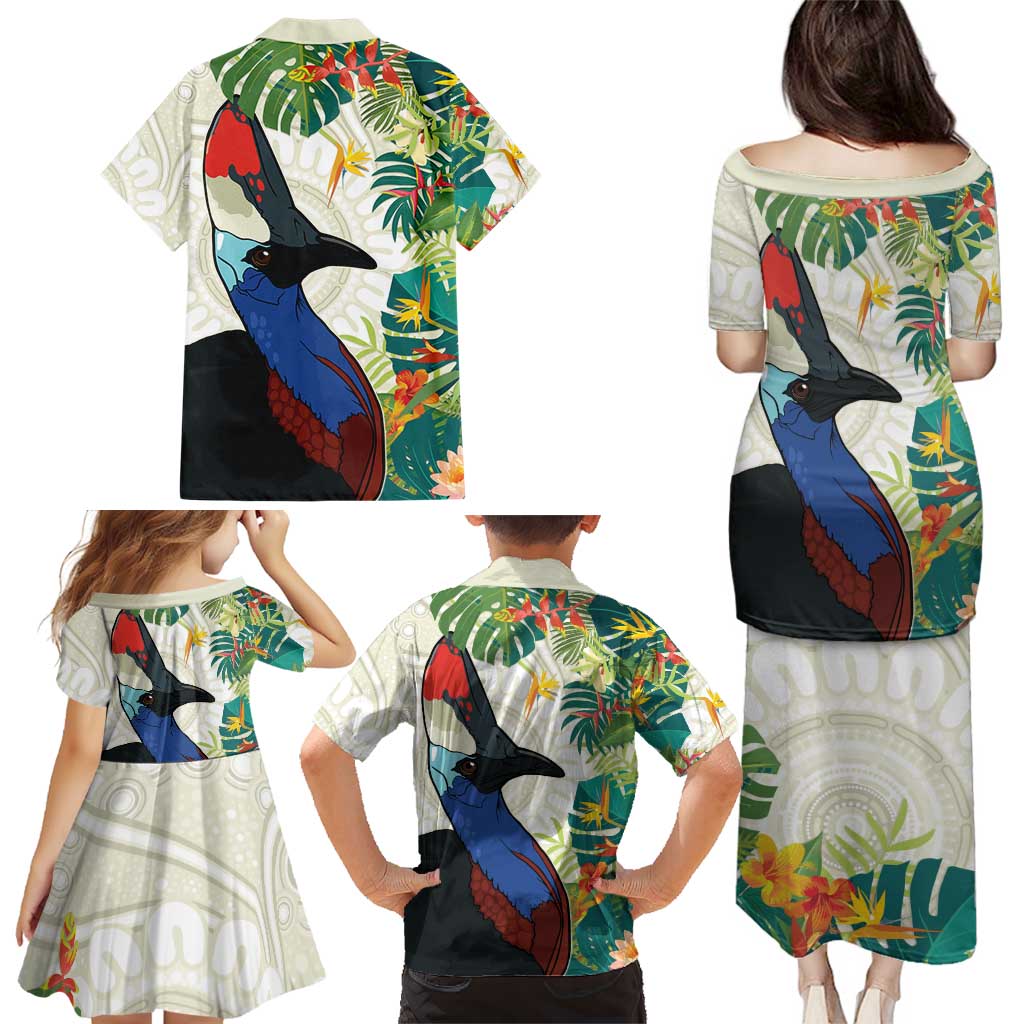 Cassowary Australia Family Matching Puletasi and Hawaiian Shirt Tropical Flowers Mix Aboriginal Art