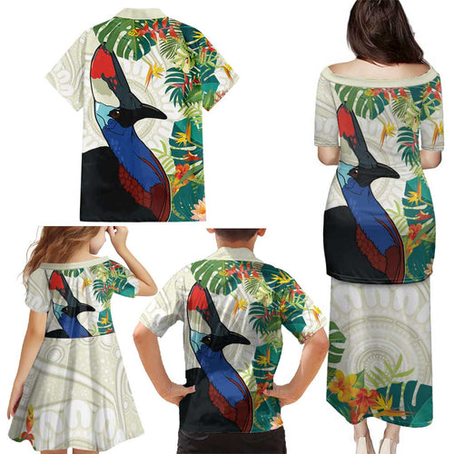 Cassowary Australia Family Matching Puletasi and Hawaiian Shirt Tropical Flowers Mix Aboriginal Art
