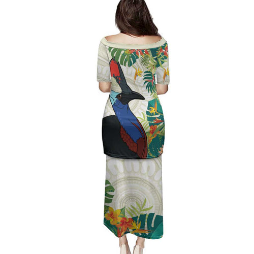 Cassowary Australia Family Matching Puletasi and Hawaiian Shirt Tropical Flowers Mix Aboriginal Art