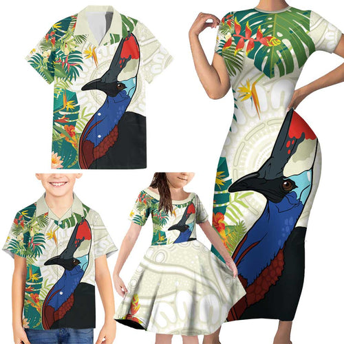 Cassowary Australia Family Matching Short Sleeve Bodycon Dress and Hawaiian Shirt Tropical Flowers Mix Aboriginal Art