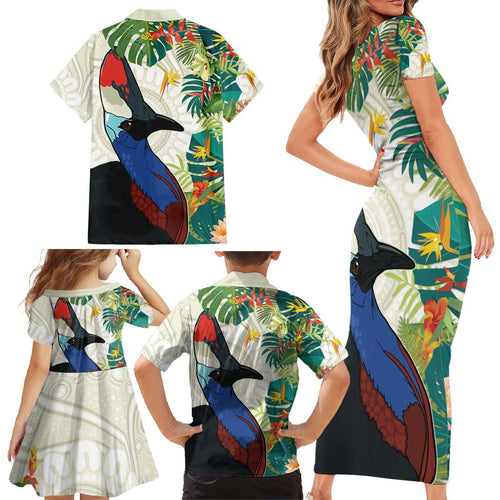 Cassowary Australia Family Matching Short Sleeve Bodycon Dress and Hawaiian Shirt Tropical Flowers Mix Aboriginal Art