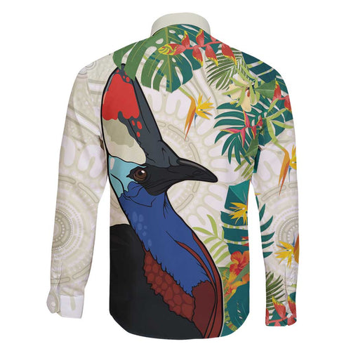 Cassowary Australia Family Matching Short Sleeve Bodycon Dress and Hawaiian Shirt Tropical Flowers Mix Aboriginal Art