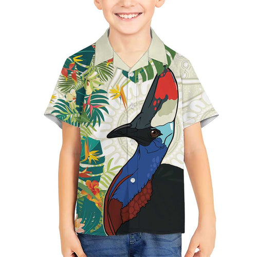 Cassowary Australia Family Matching Short Sleeve Bodycon Dress and Hawaiian Shirt Tropical Flowers Mix Aboriginal Art