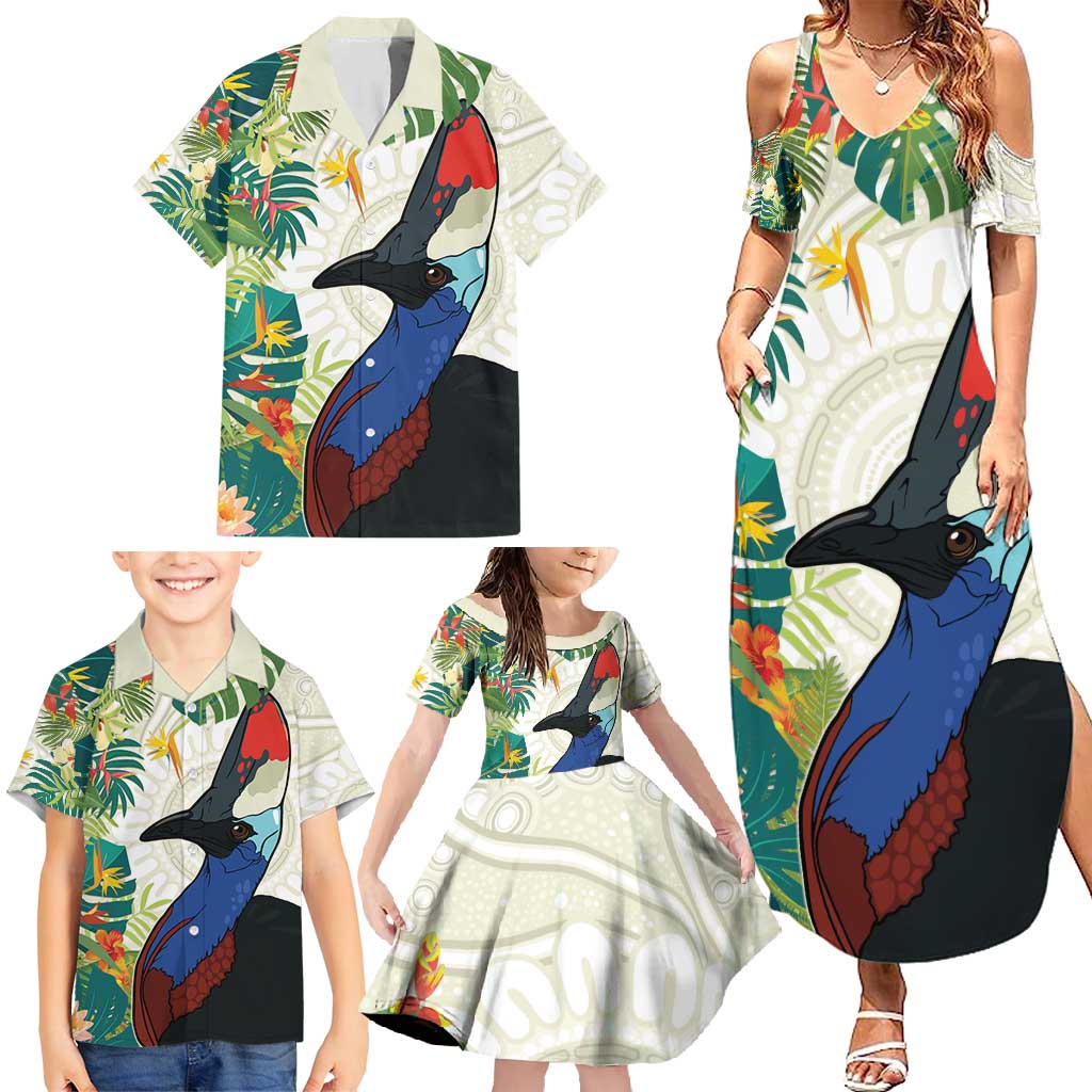 Cassowary Australia Family Matching Summer Maxi Dress and Hawaiian Shirt Tropical Flowers Mix Aboriginal Art