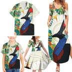 Cassowary Australia Family Matching Summer Maxi Dress and Hawaiian Shirt Tropical Flowers Mix Aboriginal Art
