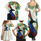Cassowary Australia Family Matching Summer Maxi Dress and Hawaiian Shirt Tropical Flowers Mix Aboriginal Art