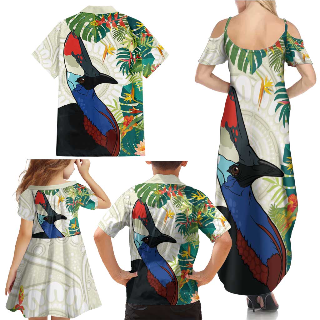 Cassowary Australia Family Matching Summer Maxi Dress and Hawaiian Shirt Tropical Flowers Mix Aboriginal Art