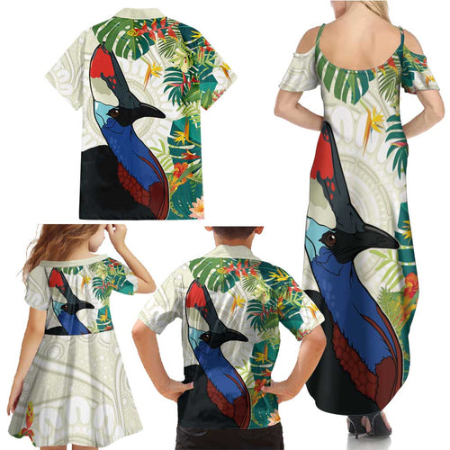 Cassowary Australia Family Matching Summer Maxi Dress and Hawaiian Shirt Tropical Flowers Mix Aboriginal Art