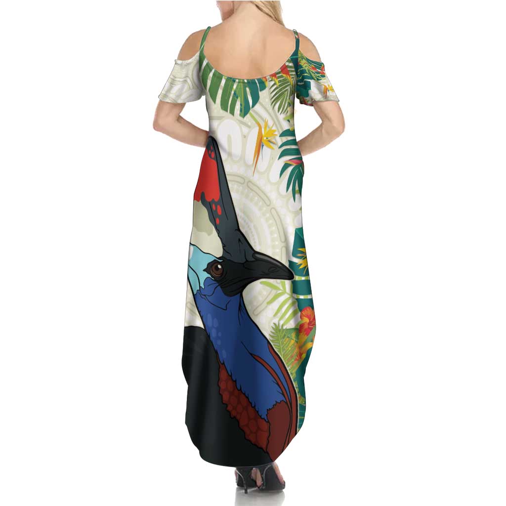 Cassowary Australia Family Matching Summer Maxi Dress and Hawaiian Shirt Tropical Flowers Mix Aboriginal Art