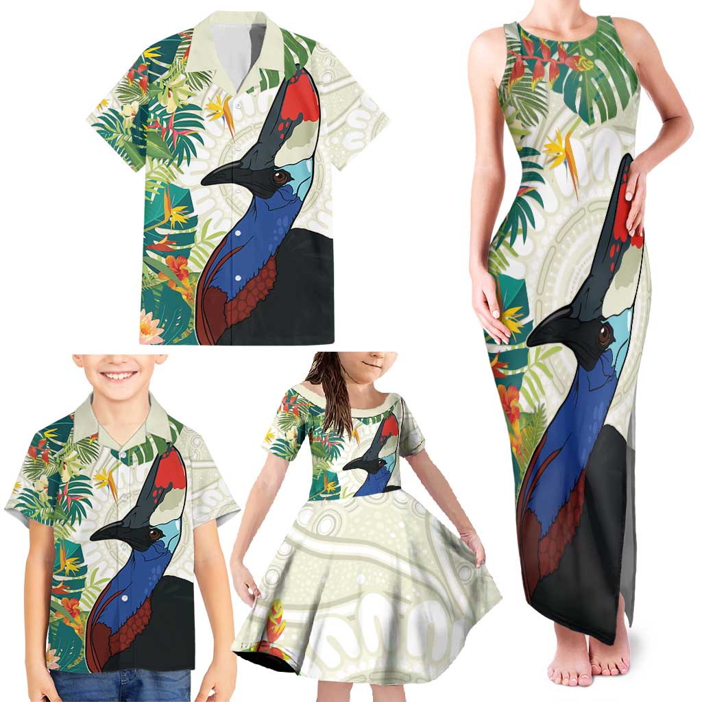 Cassowary Australia Family Matching Tank Maxi Dress and Hawaiian Shirt Tropical Flowers Mix Aboriginal Art