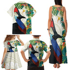 Cassowary Australia Family Matching Tank Maxi Dress and Hawaiian Shirt Tropical Flowers Mix Aboriginal Art