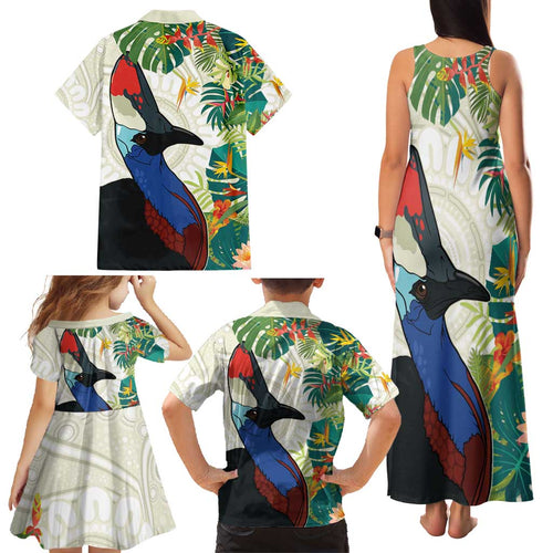 Cassowary Australia Family Matching Tank Maxi Dress and Hawaiian Shirt Tropical Flowers Mix Aboriginal Art