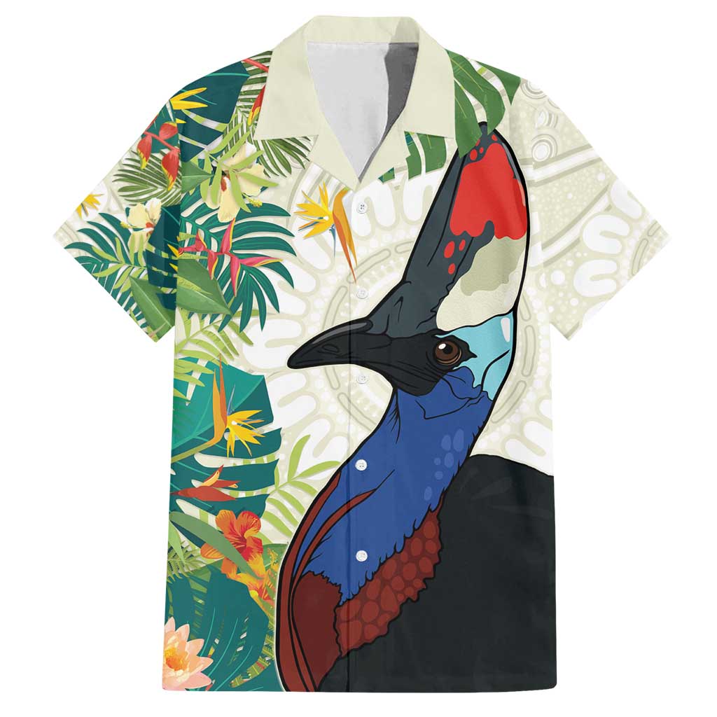 Cassowary Australia Family Matching Tank Maxi Dress and Hawaiian Shirt Tropical Flowers Mix Aboriginal Art