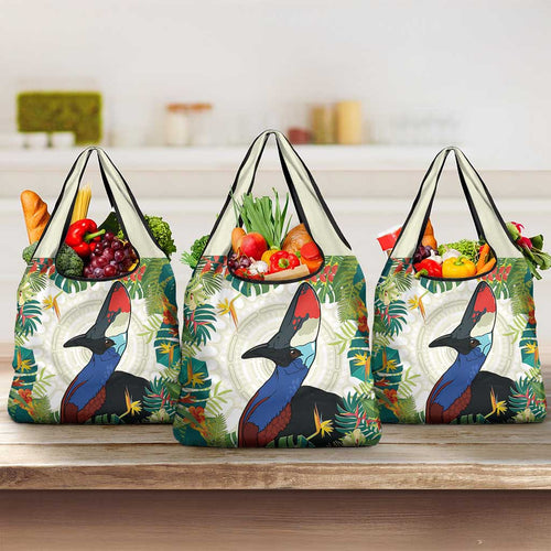 Cassowary Australia Grocery Bag Tropical Flowers Mix Aboriginal Art