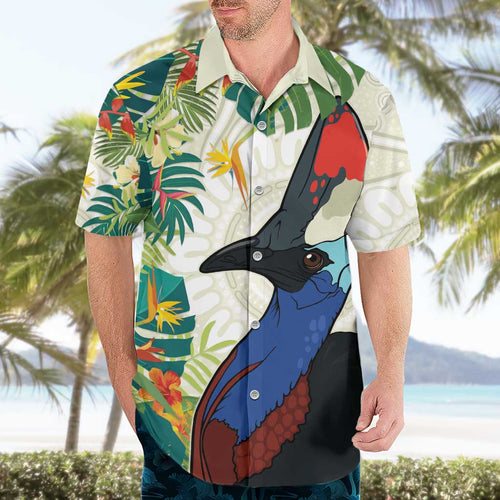Cassowary Australia Hawaiian Shirt Tropical Flowers Mix Aboriginal Art