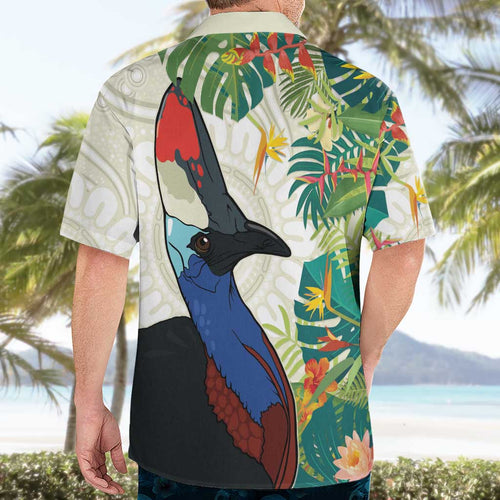 Cassowary Australia Hawaiian Shirt Tropical Flowers Mix Aboriginal Art