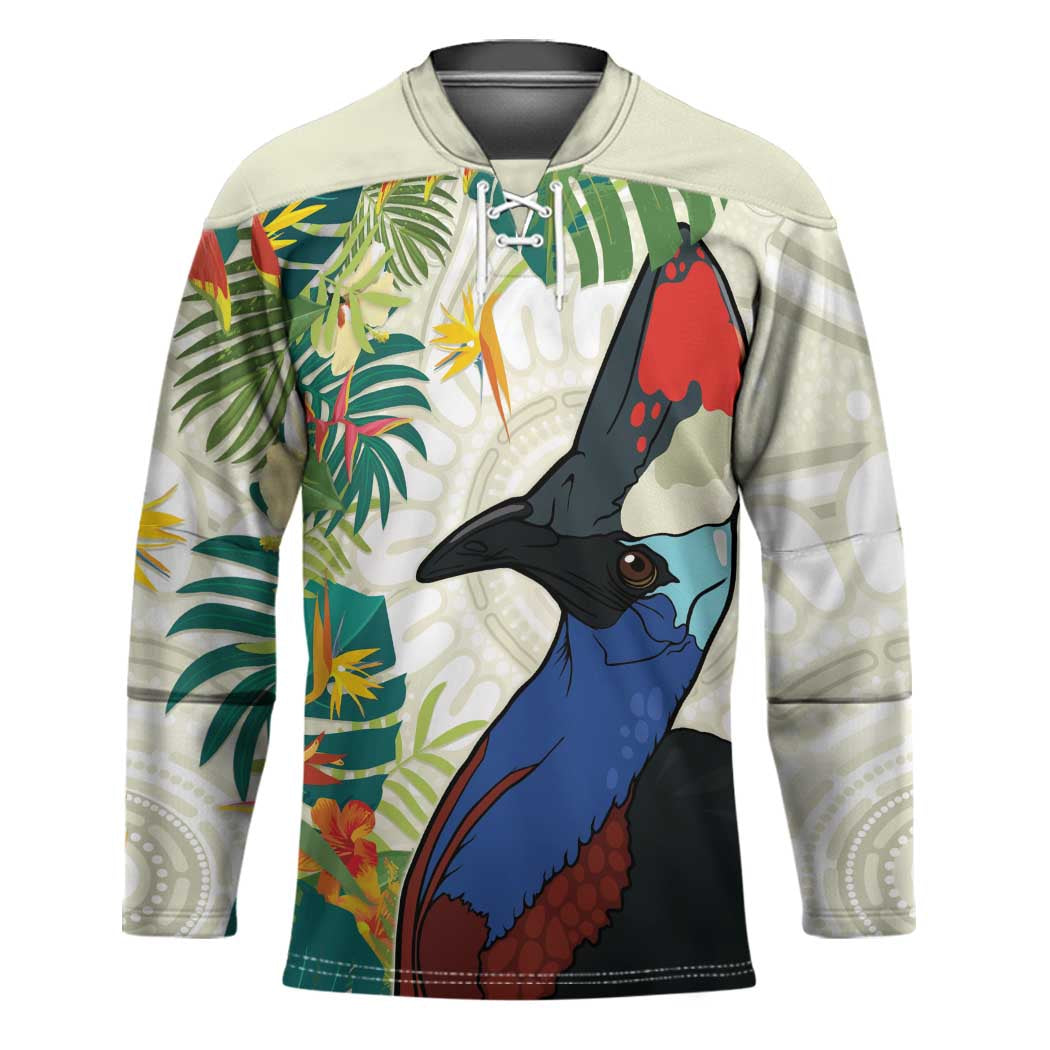 Cassowary Australia Hockey Jersey Tropical Flowers Mix Aboriginal Art - Aussie Hoodie