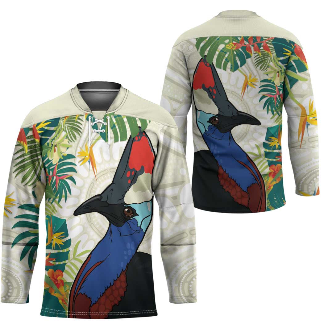 Cassowary Australia Hockey Jersey Tropical Flowers Mix Aboriginal Art - Aussie Hoodie