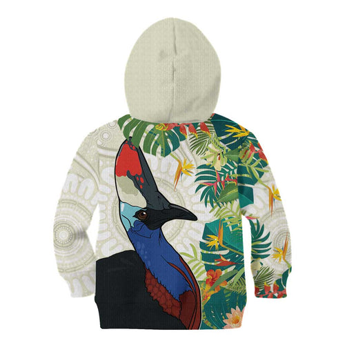 Cassowary Australia Kid Hoodie Tropical Flowers Mix Aboriginal Art