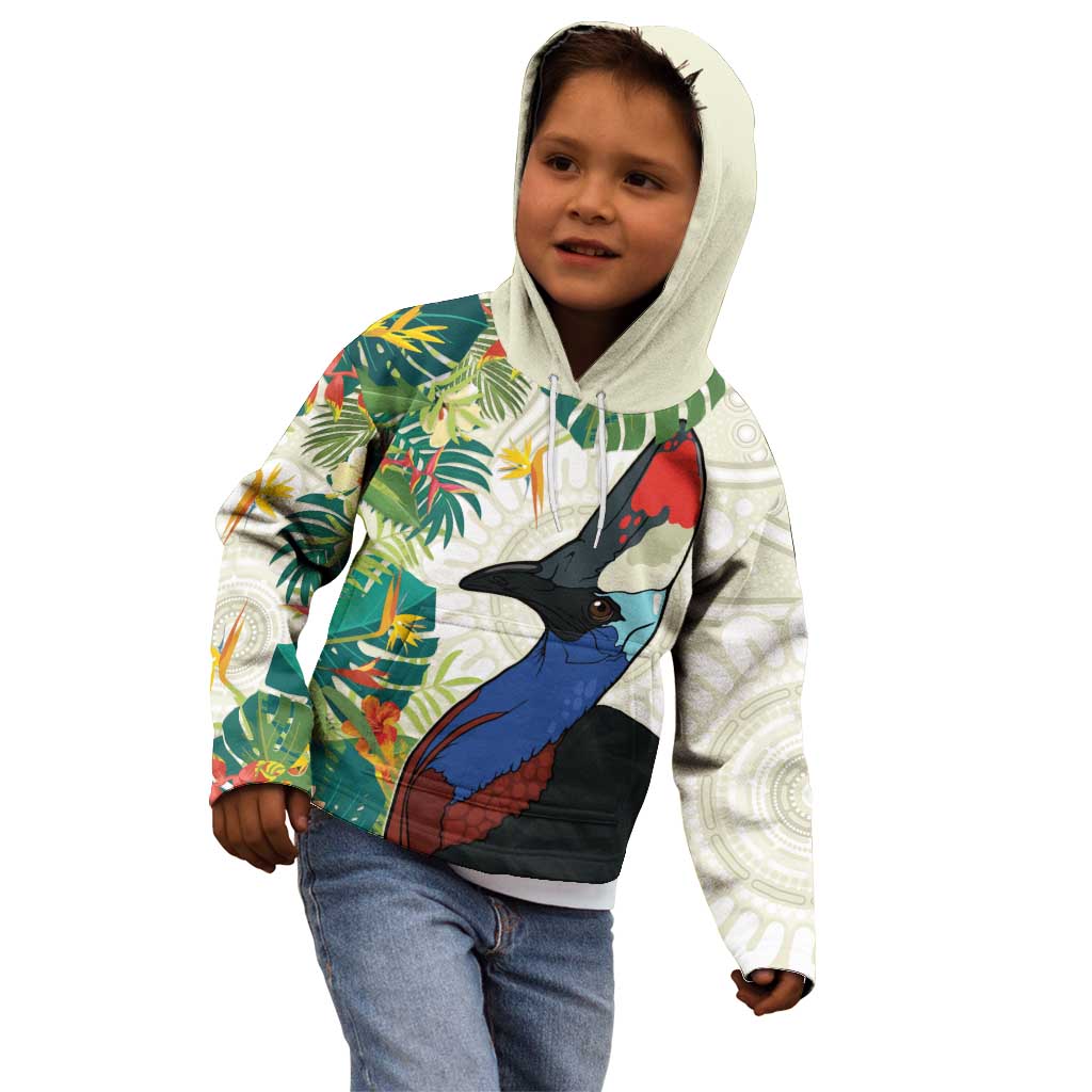 Cassowary Australia Kid Hoodie Tropical Flowers Mix Aboriginal Art