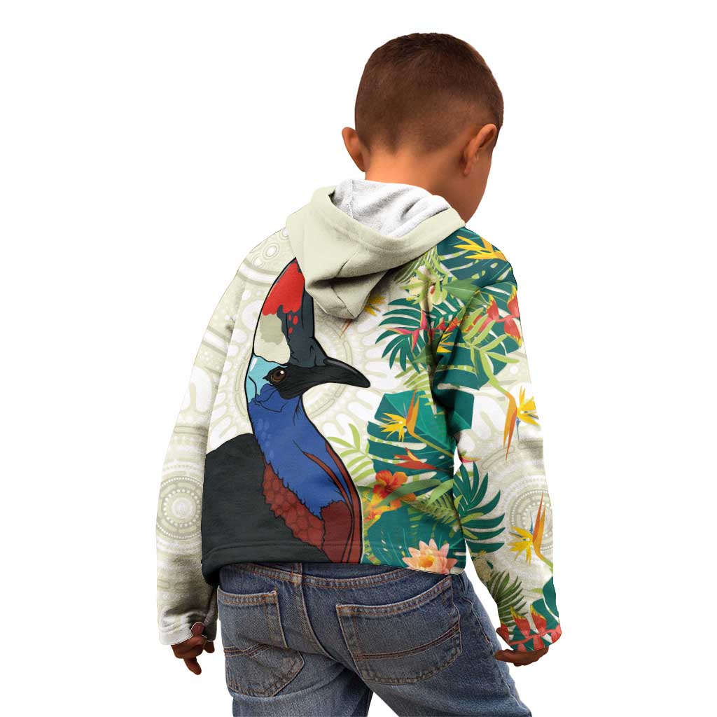 Cassowary Australia Kid Hoodie Tropical Flowers Mix Aboriginal Art
