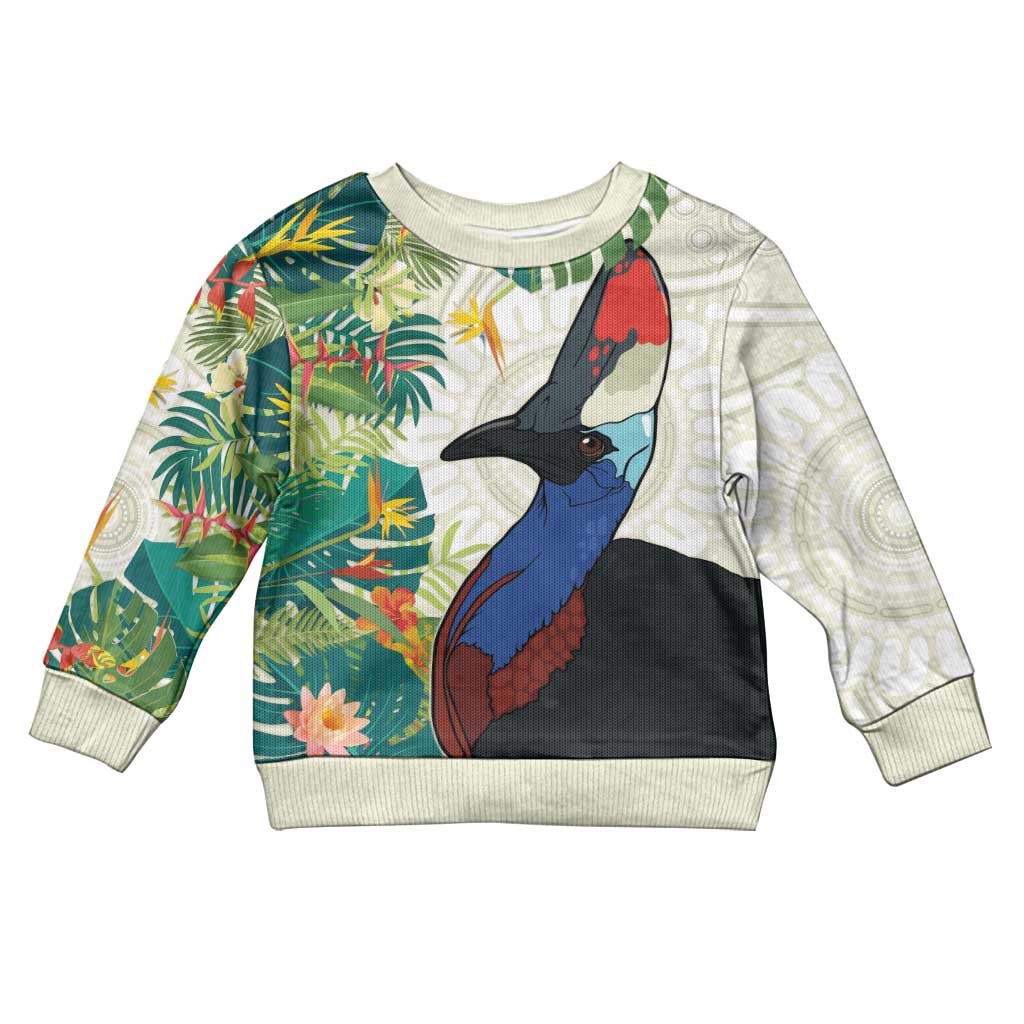 Cassowary Australia Kid Ugly Christmas Sweater Tropical Flowers Mix Aboriginal Art - Aussie Hoodie