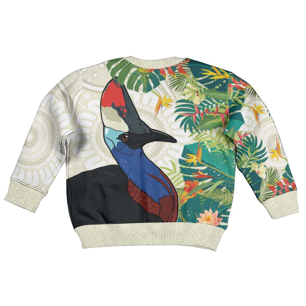 Cassowary Australia Kid Ugly Christmas Sweater Tropical Flowers Mix Aboriginal Art - Aussie Hoodie