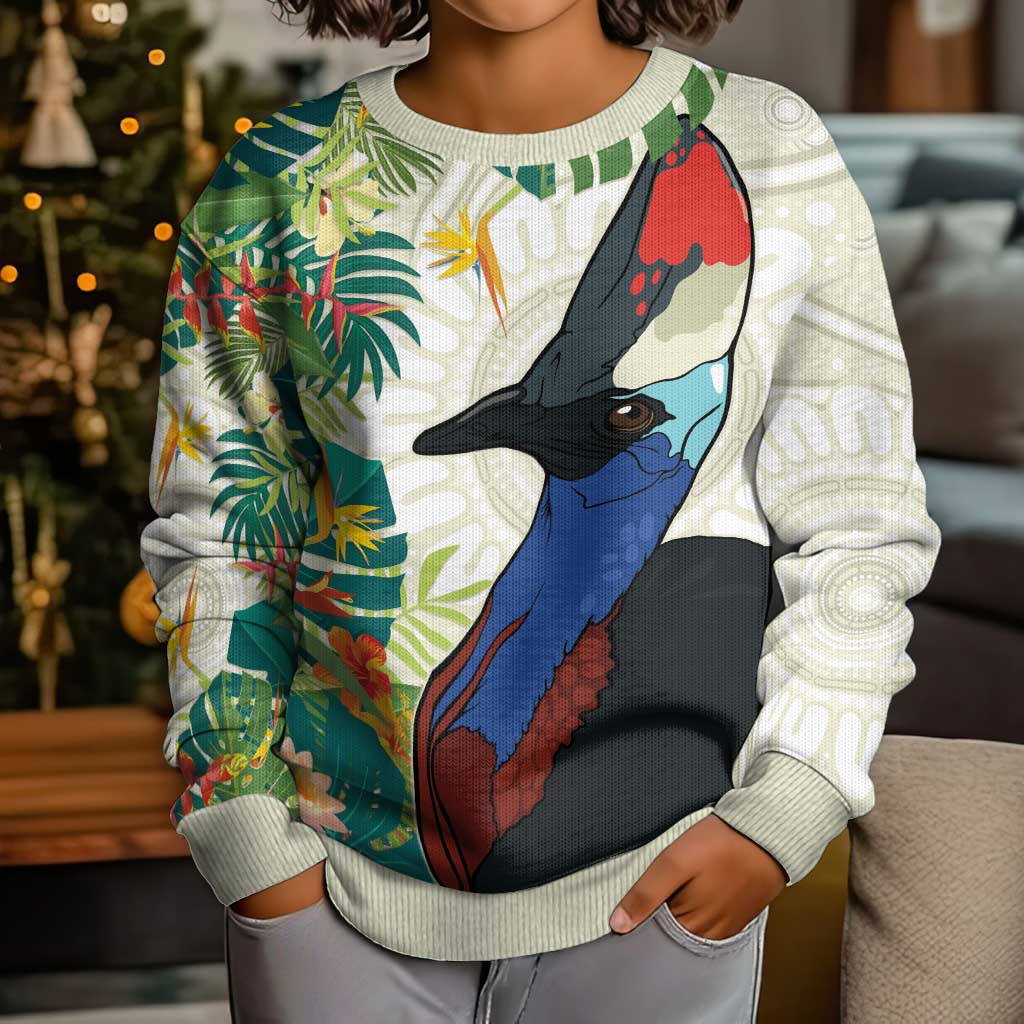 Cassowary Australia Kid Ugly Christmas Sweater Tropical Flowers Mix Aboriginal Art - Aussie Hoodie