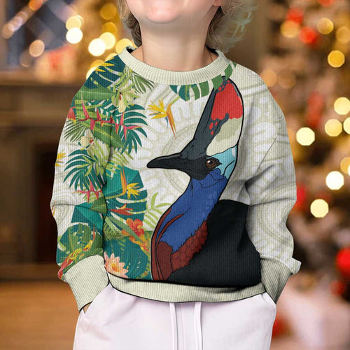 Cassowary Australia Kid Ugly Christmas Sweater Tropical Flowers Mix Aboriginal Art - Aussie Hoodie