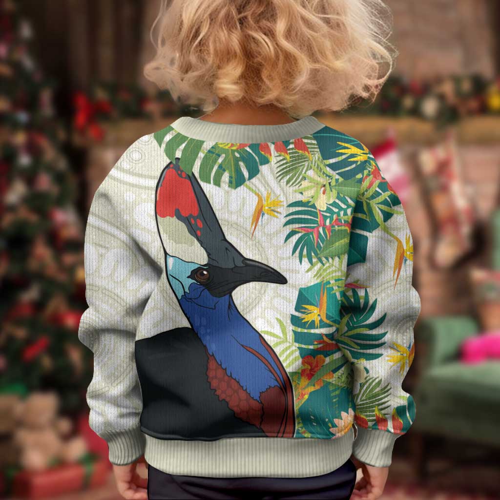 Cassowary Australia Kid Ugly Christmas Sweater Tropical Flowers Mix Aboriginal Art - Aussie Hoodie