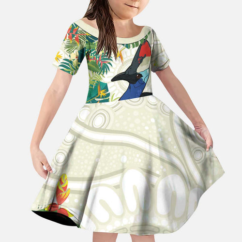 Cassowary Australia Kid Short Sleeve Dress Tropical Flowers Mix Aboriginal Art