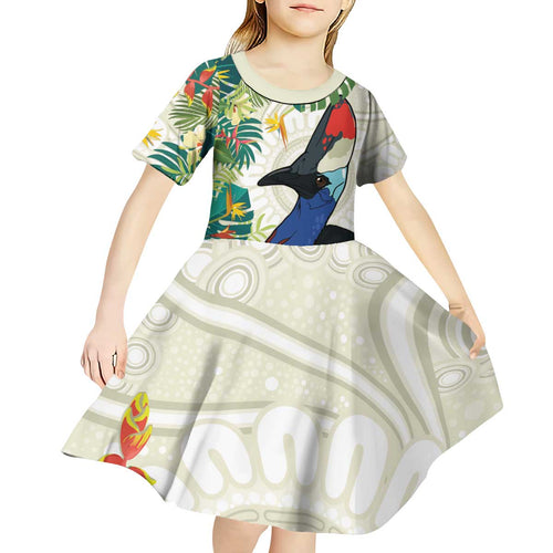 Cassowary Australia Kid Short Sleeve Dress Tropical Flowers Mix Aboriginal Art