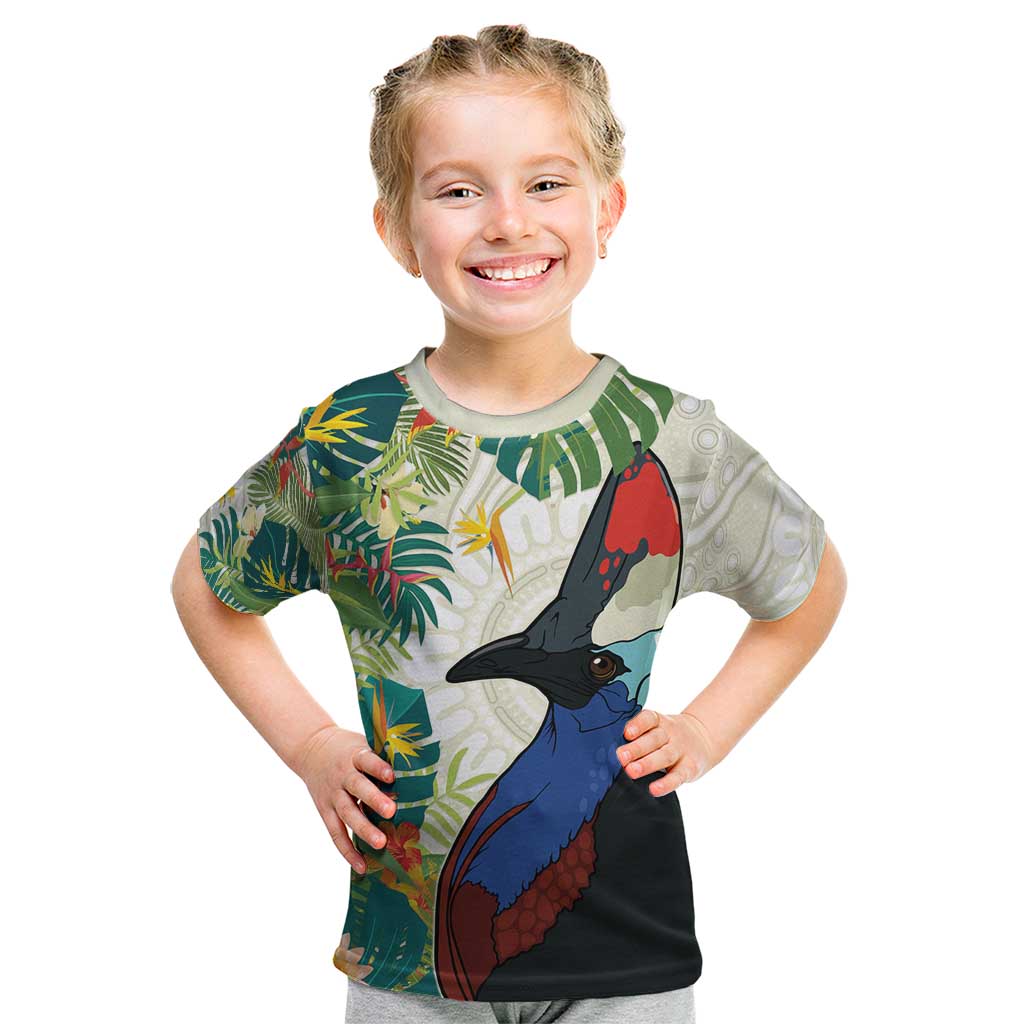 Cassowary Australia Kid T Shirt Tropical Flowers Mix Aboriginal Art