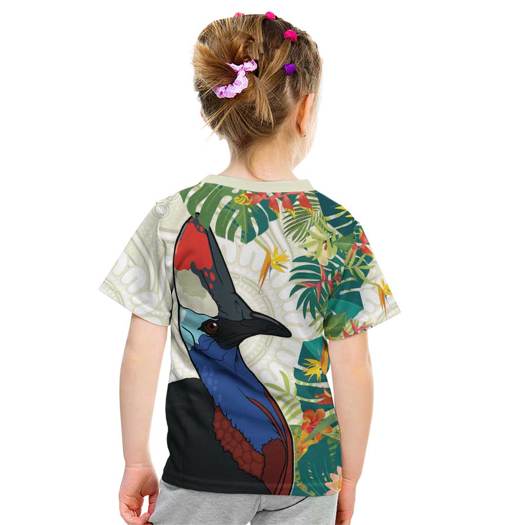 Cassowary Australia Kid T Shirt Tropical Flowers Mix Aboriginal Art