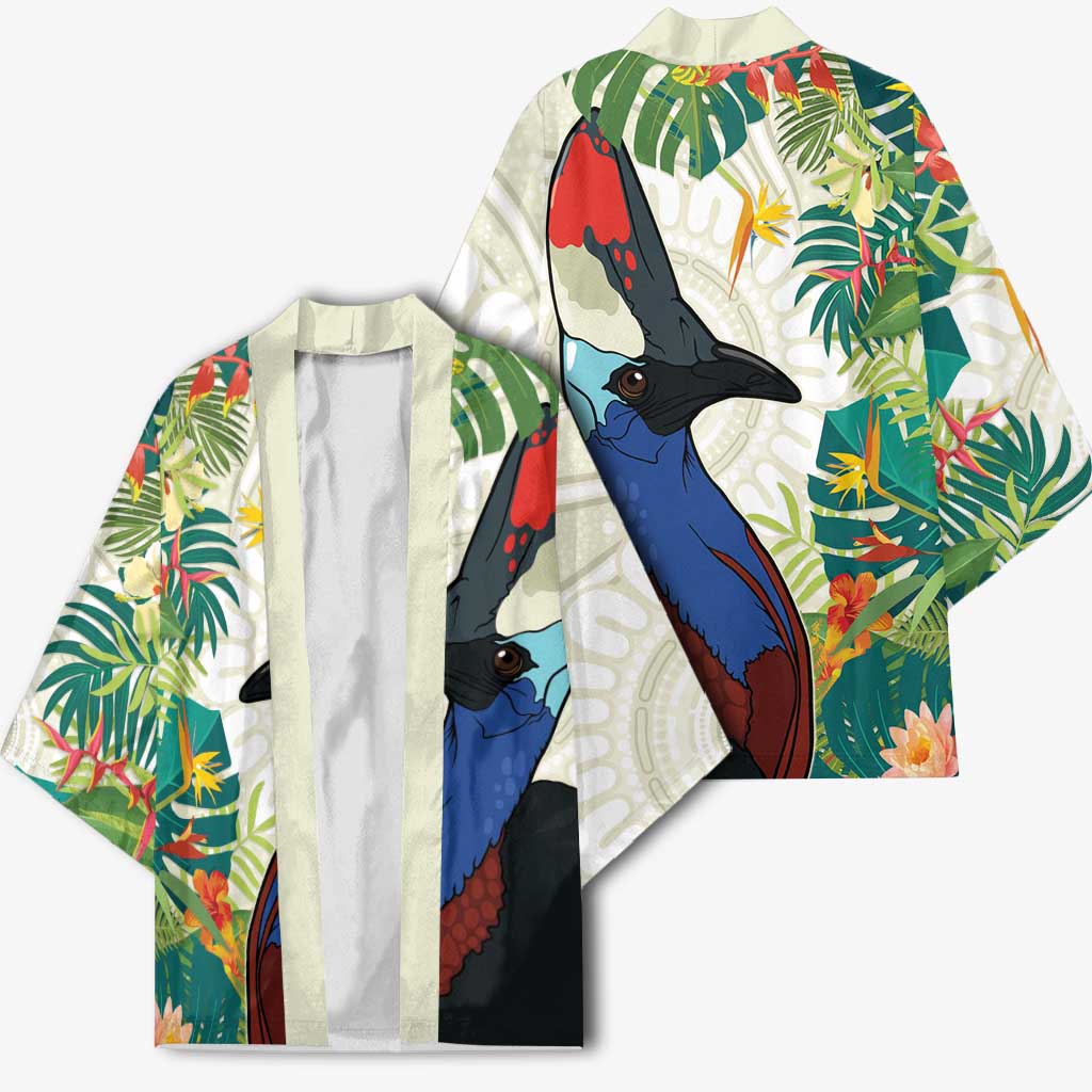 Cassowary Australia Kimono Tropical Flowers Mix Aboriginal Art - Aussie Hoodie