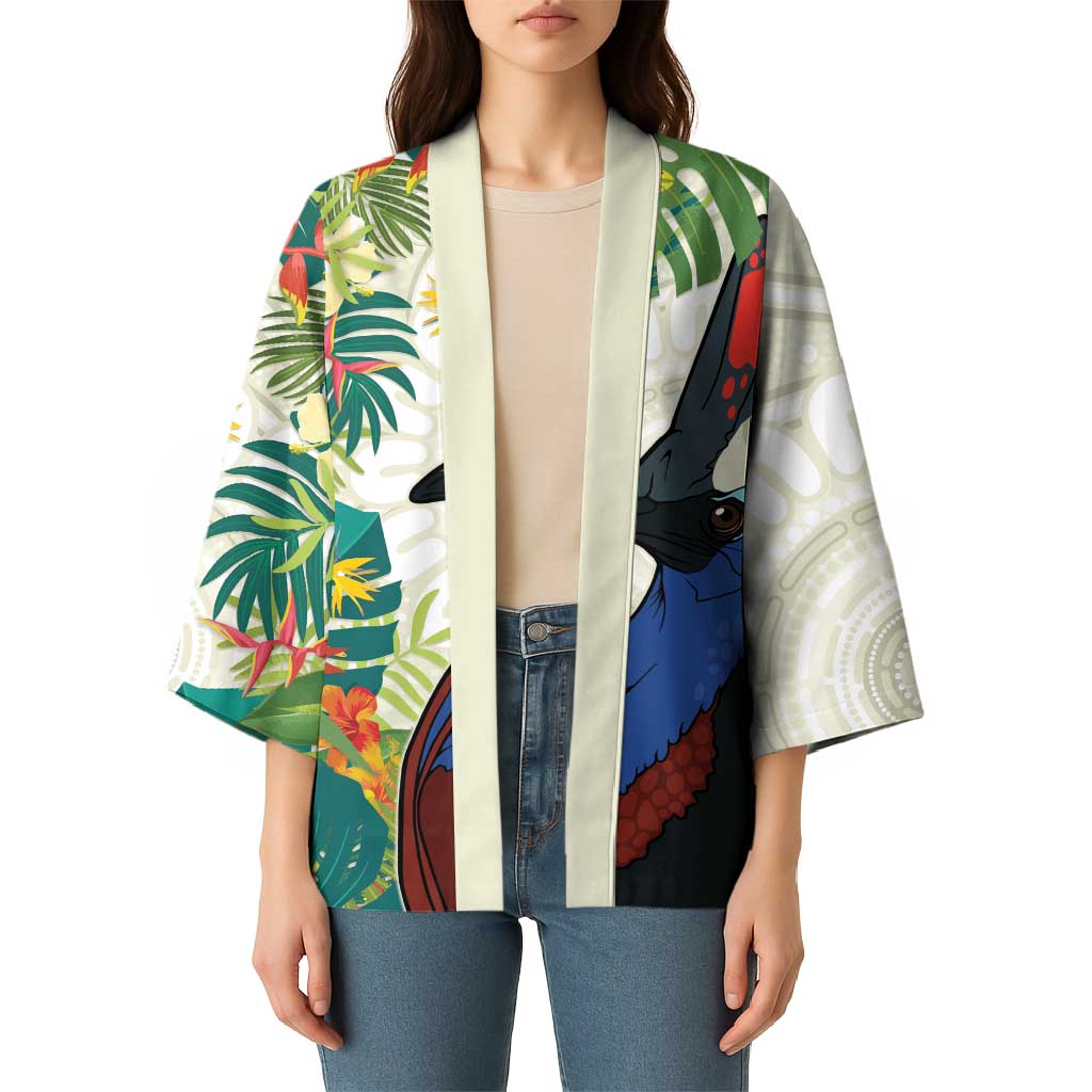 Cassowary Australia Kimono Tropical Flowers Mix Aboriginal Art - Aussie Hoodie